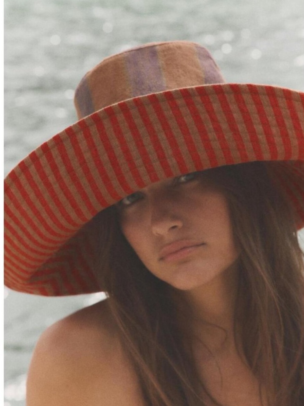 Zara Wide-Brim Striped Red and Tan Sun Hat